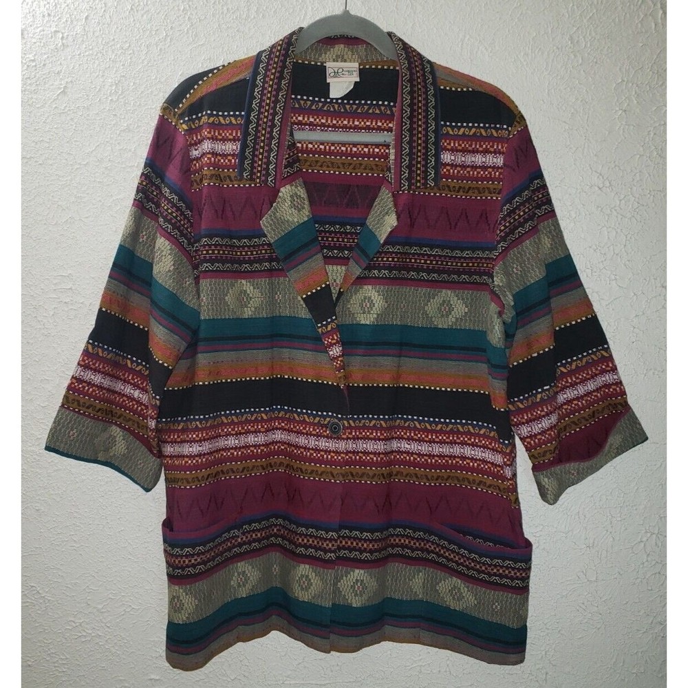 Haband for Her Sz L Colorful Abstract Embroidered Blazer Jacket 3/4 Sleeve Shirt